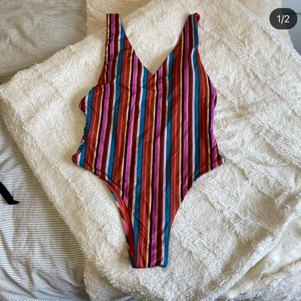 Striped low back low sides one piece bathing suit